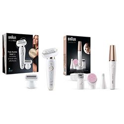 Braun Silk-épil 9 Flex Epilator Hair Removal, with Additional Shaver & Trimmer Head for Extra Sensitive Areas, 9-002, White/Gold & Braun FaceSpa Face Epilator, Wet & Dry, SE912, White/Bronze