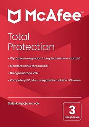 McAfee Total Protection 2024 | 3 urządzenia | Oprogramowanie antywirusowe zapewniające bezpieczeństwo w sieci | Zawiera VPN, menedżera haseł | PC/Mac/Android/iOS | Roczna subskrypcja | Dostawa pocztą