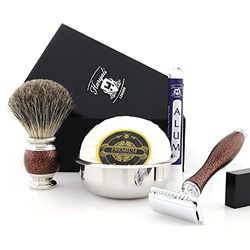 Haryali London - Kit per rasatura da 5 pezzi, rasoio di sicurezza a doppio bordo – Super Badger Pennello da barba – Sapone da barba – Ciotola da barba – allume – set da barba color marrone antico