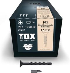 TOX Tornillos para tabiquería seca DRY BS 3,5 x 35 mm con punta de broca, magazinados para instalación con destornillador de cargador, 1000 piezas en una caja, 142553253535