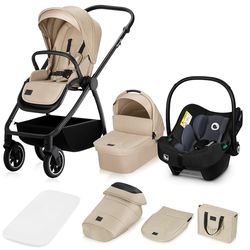 LIONELO MERIL 3 en 1 Poussette Bébé Multifonctionnelle 0 à 48 Mois Jusqu'à 22 kg, Nacelle Jusqu'à 9 kg, Siège Auto, Roues Tout-terrain 360 °, Amortissement Complet Auvent XXL UPF50+ (Beige)