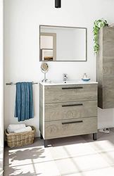 Dmora - Meuble de comptoir Palmdale, Armoire de toilette, Armoire avec 3 tiroirs et miroir, évier non inclus, cm 80x45h86, Chêne