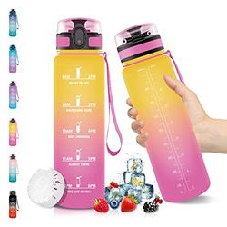 Waterfles, 1 liter Drinkfles, lekvrij, BPA-vrij, sportfles met fruitfilter en motivatietijdmarkering, geschikt voor koolzuur, drinkfles voor kinderen, fiets, sport, fitness