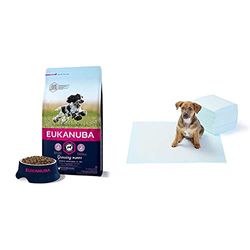 Eukanuba Cibo Secco per Cani Cuccioli, Taglia Media, 1-12 Mesi, Crocchette con Pollo, 3 Kg &Amazon Basics - Tappetini igienici assorbenti per animali domestici, misura standard, 50 pz