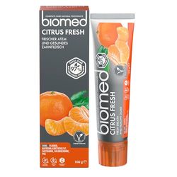 Biomed Citrus Fresh 97% Naturalna pasta do zębów/pomarańczowy, świeży oddech | zdrowe dziąsła/mandarynka grejpfrut cytryna olejki eteryczne, aromat owocowy, Wegetariański, SLES Free 100g