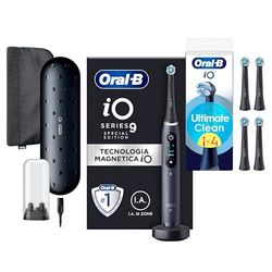 Oral-B Spazzolino Elettrico iO 9 Nero Edizione Speciale con 1 Testina + 4 Testine Oral B di Ricambio iO Series Ultimate Clean Nere, 1 Spazzolino Elettrico Oral B e 5 Ricambi Spazzolini Elettrici
