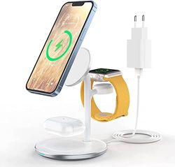 3-i-1 trådlös laddningsstation, induktiv laddningsstation, 15 W, trådlös laddare, kompatibel med Mag Safe laddare för iPhone 16 15 14 Pro Max/Plus, iWatch Ultra/8/7/SE/6/5/4, AirPods