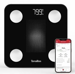 TERRAILLON - WEIGHT CONNECT - Bluetooth-ansluten våg, fett-, muskel-, vatten- och benmassaanalys, BMI, kapacitet 180 kg, 50 g gradering, LED-skärm, glasplatta, svart