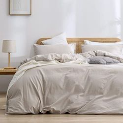 BESTOUCH Påslakanset i 100% tvättat bomullslinne, känns supermjukt, bekvämt, elegant och lätt, 3-delat bäddset för hemmet, enfärgad linnegrå nyans, Queen size