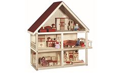 roba Casa de bonecas de madeira com varanda 16 peças de móveis em miniatura e 4 bonecas - brinquedos para crianças a partir dos 3 anos - natural / vermelho
