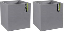 EDA - Pot Carré 40 cm Volcania 31 L - Décor Imitation Pierre - Double Paroi - Zone de Rétention d'eau - 39,5 x 39,5 x 43,5 cm - Gris Galet (Lot de 2)