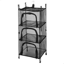 AKTIVE 63073 Hangkast-organizer, 38 x 36 x 87 cm, campingrek, 3 niveaus, bovenste plank, 1 haak, opvouwbare kast, polyester netweefsel, zwart, draagbare opbergtas