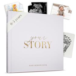 Bibi & Beau Livre de souvenirs pour bébé – Votre histoire – Album photo et album photo – Cadeau pour nouveau-né garçon et fille, idéal pour les fêtes prénatales (gris)