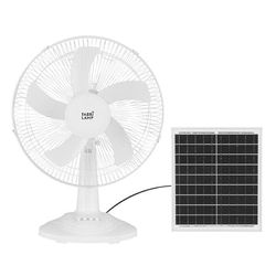 Zarivy Ventilateur DC de table solaire éventail blanc 20 W, avec 3 vitesses et 5 pales blanches. Dimensions : 63 x 43 x 30,5 cm. Comprend un câble de 4,20 m pour plus de confort et de polyvalence