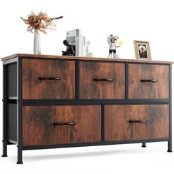 DUMOS Antonia Commode voor slaapkamer met 5 stoffen laden, kleine commode organizer eenheden voor kleding, kast, kinderkamer, opbergtoren met kast, metalen frame, houten plaat, licht
