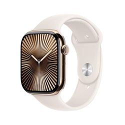 Apple Watch Series 10 GPS + Cellular Smartwatch con Caja de Titanio Oro de 46 mm y Correa Deportiva Blanco Estrella - Talla M/L. Monitor de entreno, App ECG, Pantalla Retina Siempre Activa