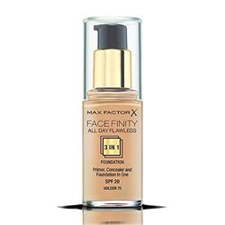 Max Factor Facefinity All Day Flawless 3 i 1 flytande foundation, lätt oljefri formel med SPF 20, 075 Golden, 30 ml, förpackningen kan variera