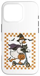 Halloween Goose On a Scooter Black Cat Retro Checker Witch Case for iPhone 16 Pro