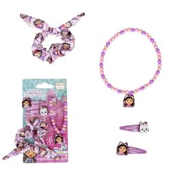 Beautyset van Gabby's Dollhouse – bevat 1 haarelastiek van stof, 2 haarspelden en 1 halsketting, meerkleurig, verschillende samenstellingen, geïnspireerd op Gabby en Panty Patitas – origineel product,