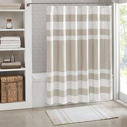 Madison Park, Waffle Weave, Pieced Design Fabric Shower Curtain with 3M Scotchgard Moisture Management cortinas de duche modernas de casa de banho, castanho topo, W 12 cm x L