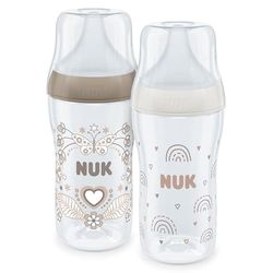 NUK Perfect Match nappflaskset, 3+ månader, passar smak, temperaturkontroll, anti-kolikventil, 260 ml, BPA-fri, M-silikondin, regnbåge och hjärta, 2 stycken
