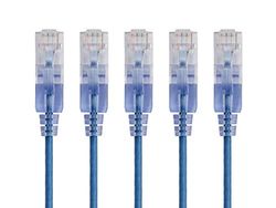 Monoprice SlimRun Series 115130 Cabo de conexão Ethernet Cat6A de 3 pés - azul, cabo de internet de rede - RJ45, 550 MHz, UTP, cabo de cobre puro np, 10G, 30 AWG, embalagem de 5