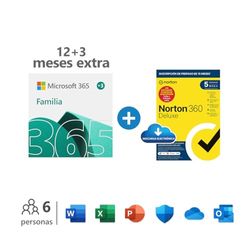 Microsoft 365 Familia | Apps Office 365 | PC/MAC/teléfono | Suscripción anual | 12+3 Meses + NORTON 360 Deluxe | 15 Meses | PC/Mac - Código de activación enviado por email