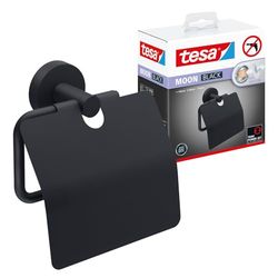 tesa MOON BLACK Portarotolo WC con Coperchio - Porta Carta Igienica Adesivo in Nero opaco, senza Perforazione, per Bagni - Colla Rimovibile inclusa, 53 mm x 140 mm x 128 mm