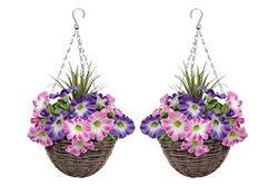 GreenBrokers Lot de 2 paniers Suspendus Ronds artificiels en rotin Rose et Violet