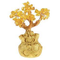 lachineuse - Arbre Feng Shui en Citrine Jaune - Arbre de Fortune 17 cm - Décoration Asiatique Japonais - Arbre de Fortune avec Support Doré - Déco Asiatique Pierres Précieuses - Objet Japonais Zen