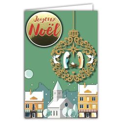 Afie 61-6048 Kerstkaart met envelop en collage EN RELIEF kribbe in een bal, goudkleurig, glanzend, fonkelend, Jezus Maria Joseph Engel, ster, herdershond, kerk, stad, beurs wekker