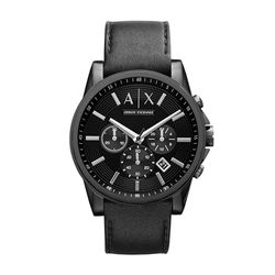 Armani Exchange klocka för män, kvarts kronogravrörelse, 45 mm svart rostfritt stålfodral med läderrem, AX2098