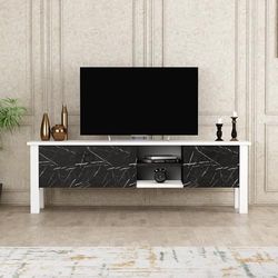 Hanah Home Stijlvolle tv-standaard met extra opslag, wit en zwart, 140 x 44,8 x 35 cm, 100% melamine gecoat particle board, meerdere planken voor moderne woonruimtes
