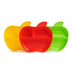 Munchkin Assiettes avec Compartiments Petite Pomme, Assiettes d'Apprentissage avec Compartiments pour Bébé, Plats pour Enfant dès 6 Mois en Silicone sans BPA, Lot de 3