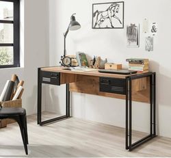 Dmora Bureau Alkes, Bureau Multi-usages, Table de Bureau, Porte PC, Plan de Travail, 139 x 60 x 75 cm, chêne et Noir