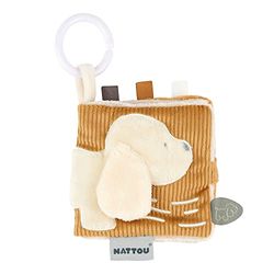 Nattou Libro de juegos infantil de algodón y poliéster, Perro Charlie, Con estupendas actividades, Aprox. 12 x 12 cm, Vegano, Algodón/poliéster, Marrón