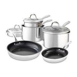 GF900276 Good Food in Partnership with Tower Tri-Ply 5 Piece Cookware Set with 16cm, 18cm & 20cm Saucepans with Tempered Glass Lids, 20cm & 28cm Frying Pans, Stainless Steel