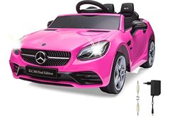 JAMARA 461803 Ride-on Mercedes-Benz SLC kraftfullt 12 V batteri för lång körtid, batterinivåindikator, LED-strålkastare, Ultra Grip gummiringar, aux-kontakt, USB, rosa