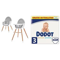 Kinderkraft Trona Bebé 2 en 1 FINI, Silla Infantil, Ajustable, Gris & Dodot Pañales Bebé Sensitive Talla 3 (6-10 kg), 224 Pañales + 1 Pack de 48 Toallitas Gratis Cuidado Total Aqua