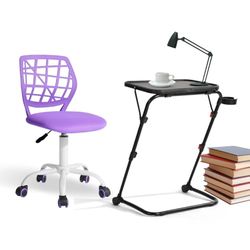 FurnitureR Lot de 2 Ensembles de Meubles, Chaise Violet et Bureau Pliant Noir, Design Ergonomique, Hauteur et Angle Réglables, Plastique et Métal, pour la Maison et le Salle de jeux, Facile à Déplacer