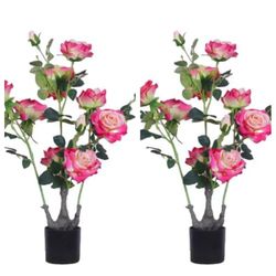 Zstar 2 stycken konstgjorda pionträd, 70 cm stora konstgjorda pionväxter i kruka, stor konstgjord pionblomma träd med gröna blad, dekorativt träd för vardagsrum, kontor, hem, rosa