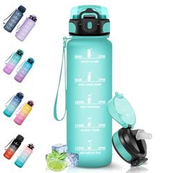 Motswedi Drinkfles, 1L BPA-Vrij, Drinkfles Met Rietje, Lekvrij, Sportfles, Geschikt voor Koolzuurhoudende Dranken, Waterfles voor Kinderen, Camping, Yoga, Gym, Sport, Outdoor, hardlopen, Blauwgroen