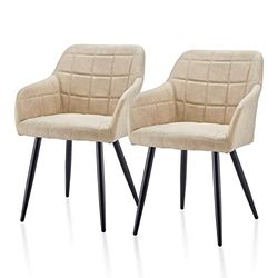 TUKAILAi Set van 2 gestoffeerde eetkamerstoelen, keukenstoel van fluweel, metalen poten, eetkamerstoel met armleuningen en rugleuning in vierkante vorm (beige)