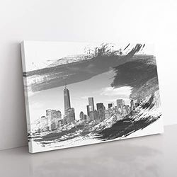 Manhattan New York with Blue Sky V1 Modern Canvas Wall Art Print Ready to Hang, Framed Picture for Living Room Bedroom Home Office Décor, 76x50 cm (30x20 Inch)