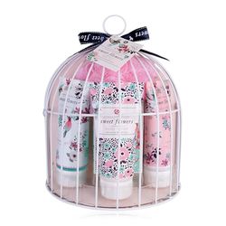 Accentra - Set da doccia per donne SWEET FLOWERS in bella gabbia per uccelli, 5 pezzi, set da bagno con gel doccia, lozione per il corpo, sapone, crema per le mani e spugna a rete – Set benessere per
