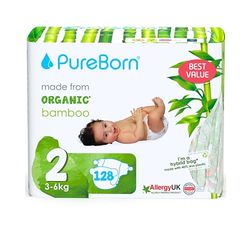 PureBorn Eco Organic Bambusowe pieluchy, Rozmiar 2 (3-6 kg), 128 sztuki, Hipoalergiczne, Ultra miękkie, Ekologiczne, Różne Nadruki, Wskaźnik Wilgotności