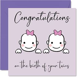 Nieuwe Baby Card Twins - Meisje/Meisje - Gefeliciteerd Baby Kaarten Pasgeboren, Goed gedaan Gefeliciteerd Nieuwe Baby Kaarten, Welkom In De Wereld Home Gifts, 145mm x 145mm Baby Wenskaarten voor