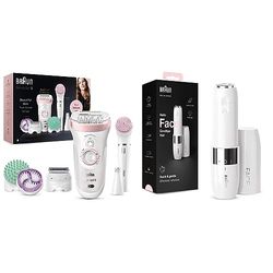 Braun Silk-Épil Beauty Kit 9 9-995 9-In-1 Wireless Depilazione Wet & Dry, Per La Pulizia Del Viso E Del Corpo, Bianco Rosa & Face Rasoio Viso Donna Elettrico Tocco Finale Per Baffetti