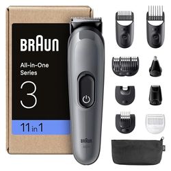Braun All-in-One Series 3 Grooming Kit, 11-in-1 Trimmer for Beard, Face, Hair, Body & Nose, Ultra Sharp Blade, 14 Lengths (3-21mm), 50-Min Runtime, Washable Heads, Easy & Fast Styling, AIO3565, Grey