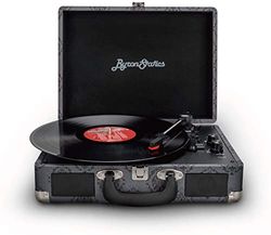 ByronStatics Giradischi in Vinile - Giradischi Bluetooth a 3 velocità, con altoparlanti incorporati, ago di ricambio, uscita linea RCA, ingresso AUX, valigia portatile vintage - Grigio scuro